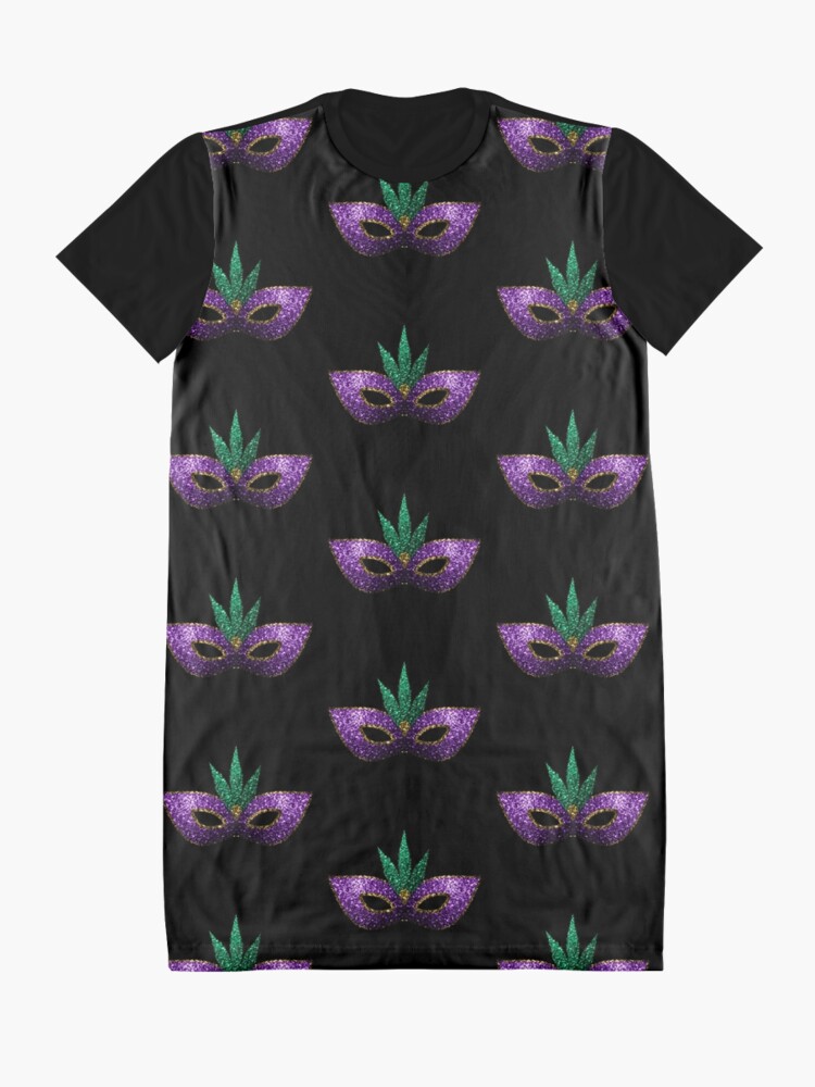 Alternate view of Mardi Gras Mask Purple Green Gold Sparkles Graphic T-Shirt Dress