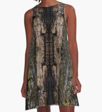 Cool Brown wood bark with yellow lichen pattern A-Line Dress