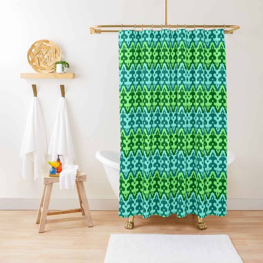"Moroccan Ikat Damask, Turquoise and Jade Green" Shower Curtain by