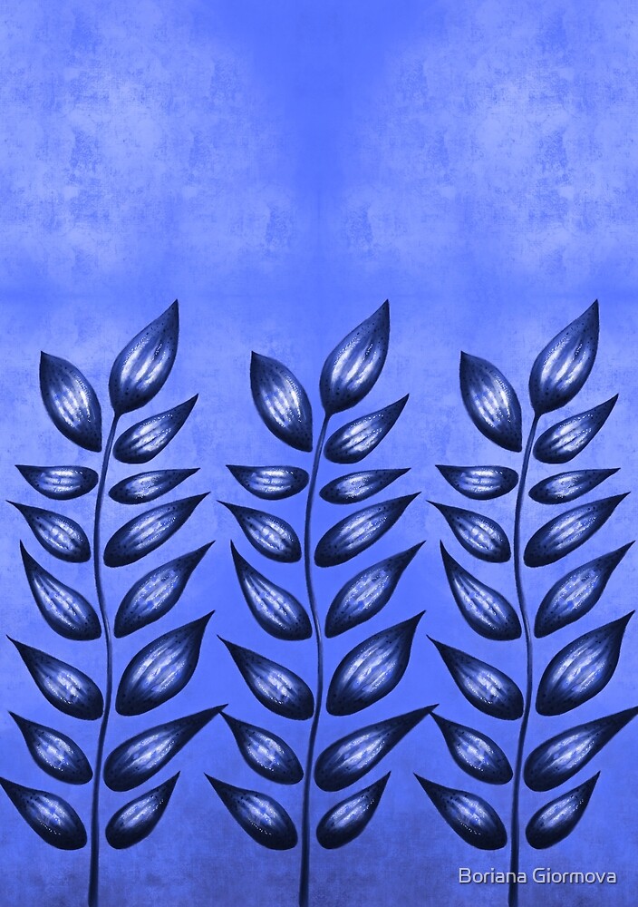Pattern Of Blue Abstract Plants With Sharp Leaves by Boriana Giormova