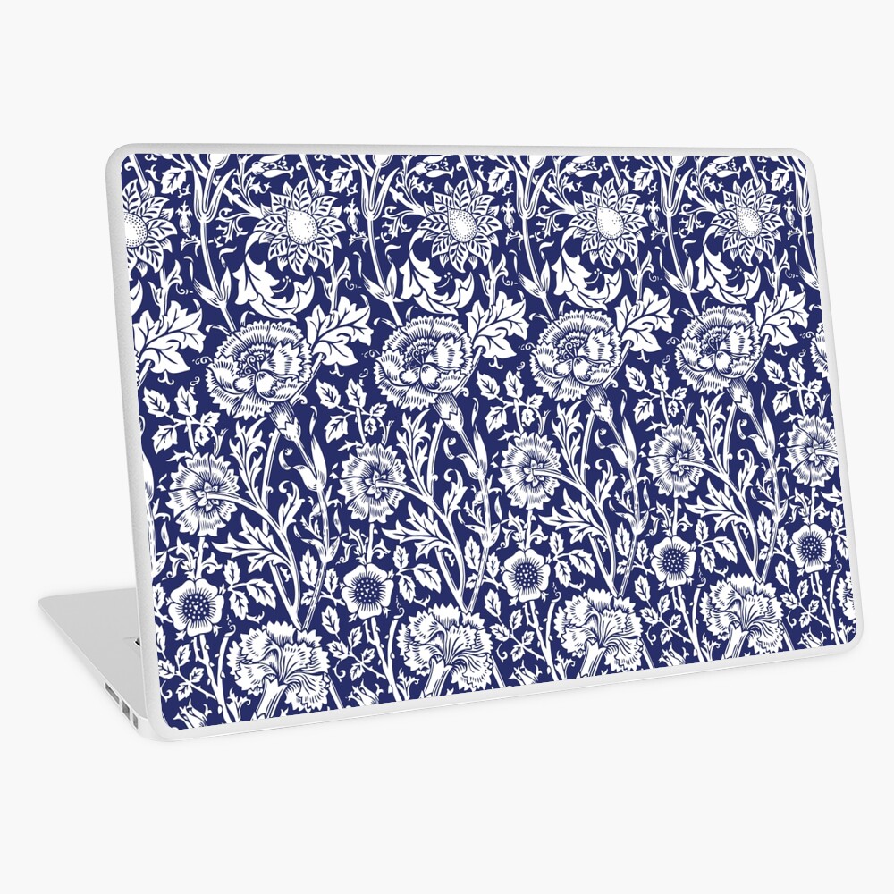 William Morris Carnations | Navy Blue and White Floral Pattern | Flower Patterns | Vintage Patterns | Classic Patterns | Laptop Skin