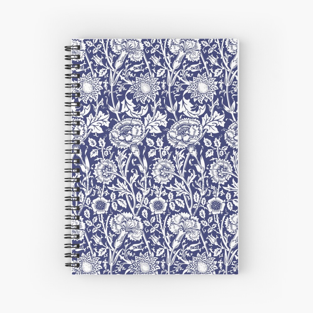 William Morris Carnations | Navy Blue and White Floral Pattern | Flower Patterns | Vintage Patterns | Classic Patterns | Spiral Notebook