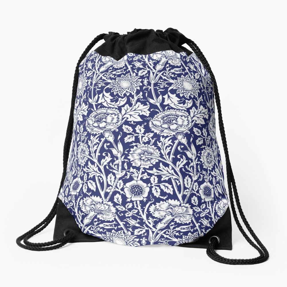 William Morris Carnations | Navy Blue and White Floral Pattern | Flower Patterns | Vintage Patterns | Classic Patterns | Drawstring Bag