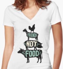 Friends Not Food - Vegan Vegetarian Animal Lovers T-Shirt - Vintage Distressed Women's Fitted V-Neck T-Shirt