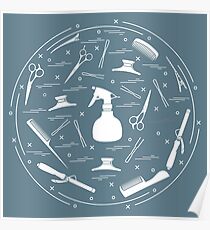 Vector illustration elements arranged in a circle: curling iron, hairclip, combs, pins, barrettes, scissors, sprayer. Poster