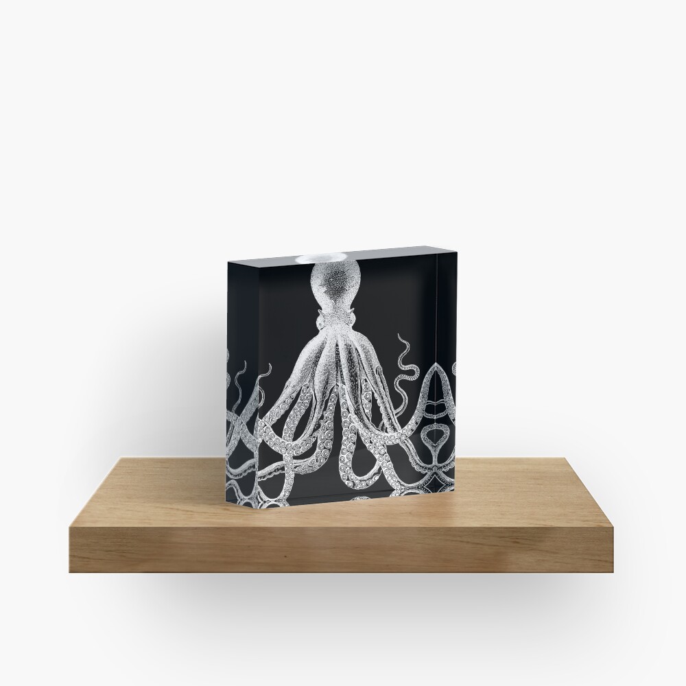 Krake | Weinlese-Krake | Tentakeln | Meeresbewohner | Nautik | Ozean | Meer | Strand | Schwarz und weiß | Acrylblock
