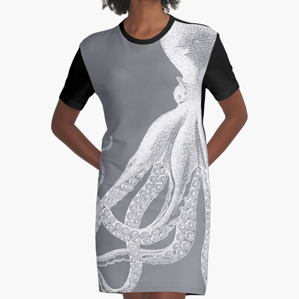 Octopus | Vintage Octopus | Tentacles | Sea Creatures | Nautical | Ocean | Sea | Beach | Grey and White | Graphic T-Shirt Dress