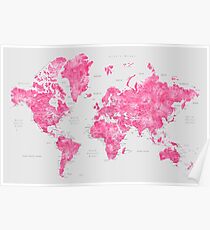 Rosa und graue Aquarellweltkarte Poster
