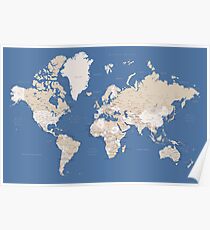 Blue and brown detailed world map Poster