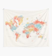 Colorful watercolor detailed world map Wall Tapestry