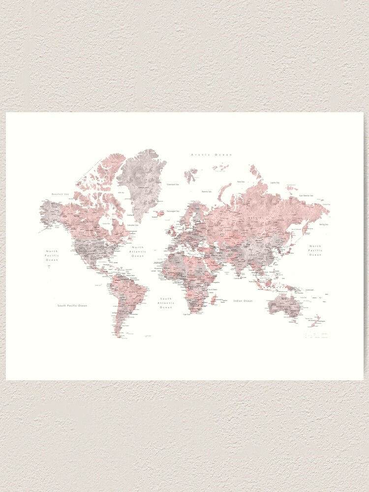 Carte Du Monde Rose Et Gris Poussiéreux Avec Les Villes Impression Artistique