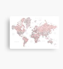 Dusty pink and grey world map with cities Metal Print