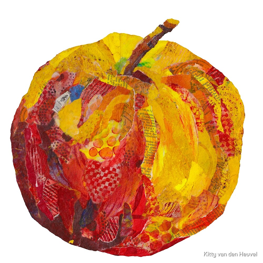 Eat me! Red apple in mixed media collage by Kitty van den Heuvel