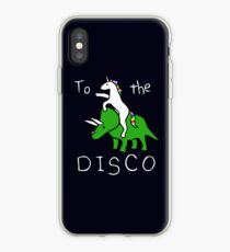 Zur Disco (weißer Text) Unicorn Riding Triceratops iPhone-Hülle & Cover