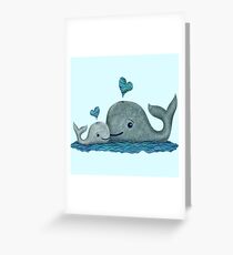 Cute Mom and Baby Whale with Blue Heart Greeting Card