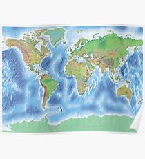 Physical world map in green and blue Poster