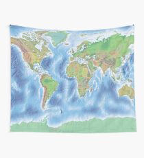 Physical world map in green and blue Wall Tapestry