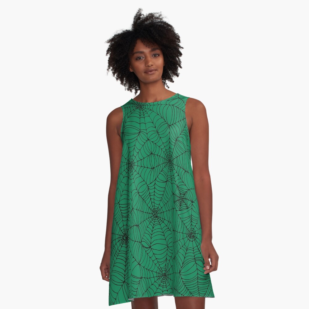 Spider Web Pattern - Black on Green - Spiderweb pattern by Cecca Designs A-Line Dress
