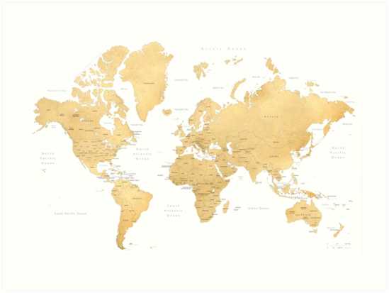 "Gold World Map With Countries And States Labelled" Art