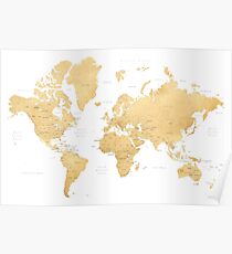 Gold-Weltkarte mit Ländern und Staaten beschriftet Poster