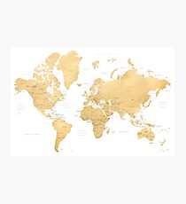 Gold world map with countries and states labelled Photographic Print