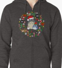 Christmas Totoro in Green - Holiday, Xmas, Presents, Peppermint, Candy Cane, Mistletoe, Snowflake, Poinsettia, Anime, Catbus, Soot Sprite, Blue, White, Manga, Hayao Miyazaki, Studio Ghibl Zipped Hoodie