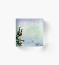 Watercolor Painting; The Double-Crested Cormorant on the Water at Malibu Beach in August Acrylic Block