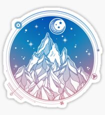 Pegatina Cordillera bajo las estrellas y la luna con geometría sagrada