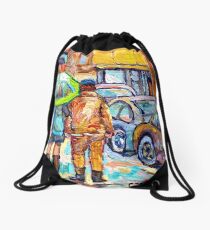 THE GIRL WITH GREEN UMBRELLA STROLLS VERDUN RAINY STREETS RUE WELLINGTON CANADIAN PAINTING CAROLE SPANDAU Drawstring Bag