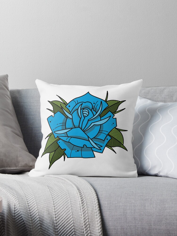 Blue Neo Traditional Rose Tattoo Throw Pillow By Freetime1