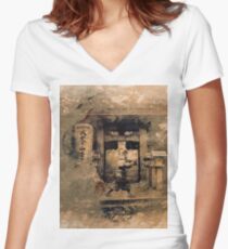 Japanese Samurai in a Traditional Temple Women's Fitted V-Neck T-Shirt