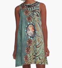 Rustic cowboy cowgirl western country green teal leather A-Line Dress