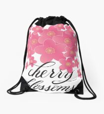 Handlettered Calligraphy Cherry Blossoms with Flowers Drawstring Bag