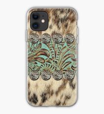 Rustic brown cowhide teal western country tooled leather iPhone Case