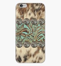 Rustic brown cowhide teal western country tooled leather iPhone Case
