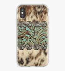 Rustic brown cowhide teal western country tooled leather iPhone Case