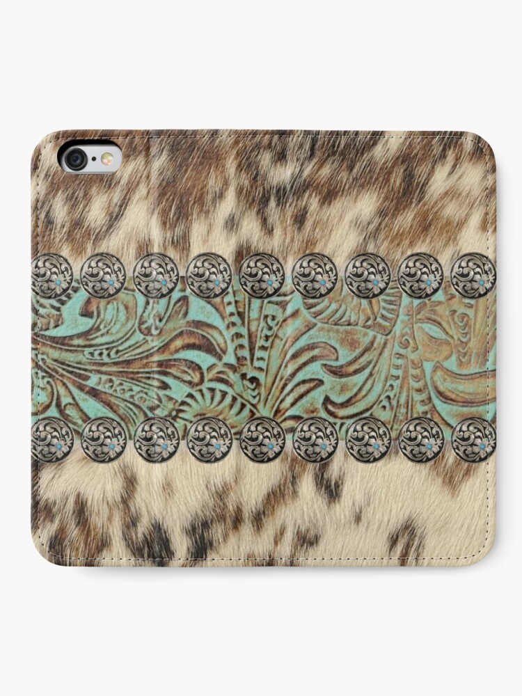 Alternate view of Rustic brown cowhide teal western country tooled leather iPhone Wallet