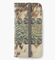 Rustic brown cowhide teal western country tooled leather iPhone Wallet/Case/Skin