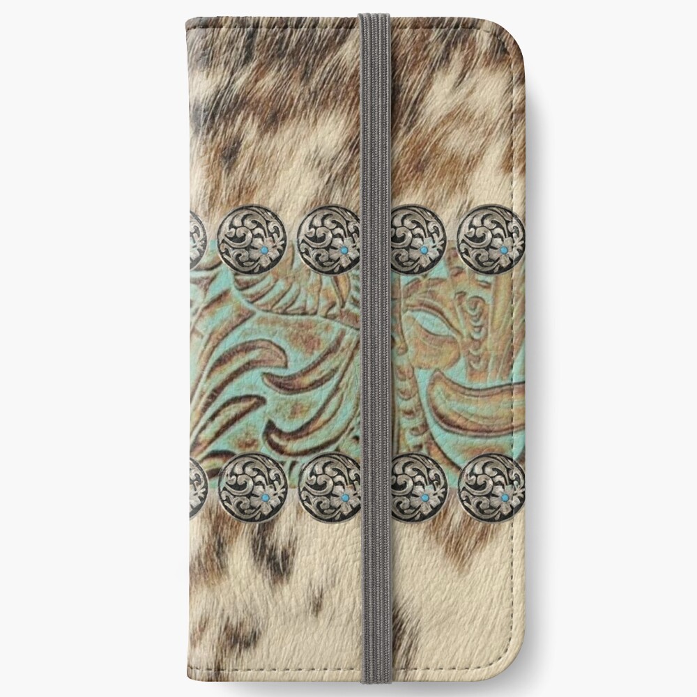 Rustic brown cowhide teal western country tooled leather iPhone Wallet