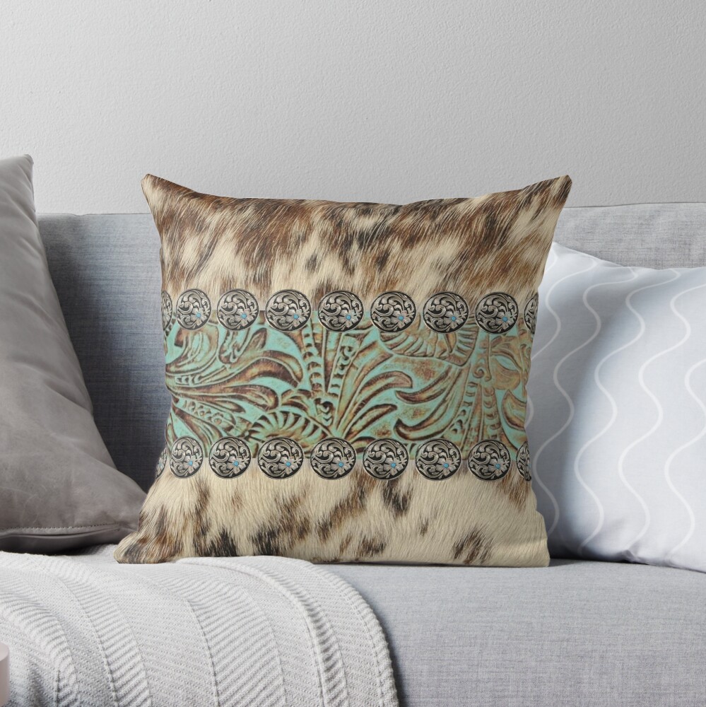 Rustic brown cowhide teal western country tooled leather Throw Pillow
