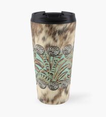 Rustic brown cowhide teal western country tooled leather Travel Mug