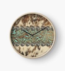 Rustic brown cowhide teal western country tooled leather Clock