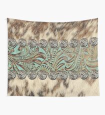 Rustic brown cowhide teal western country tooled leather Wall Tapestry