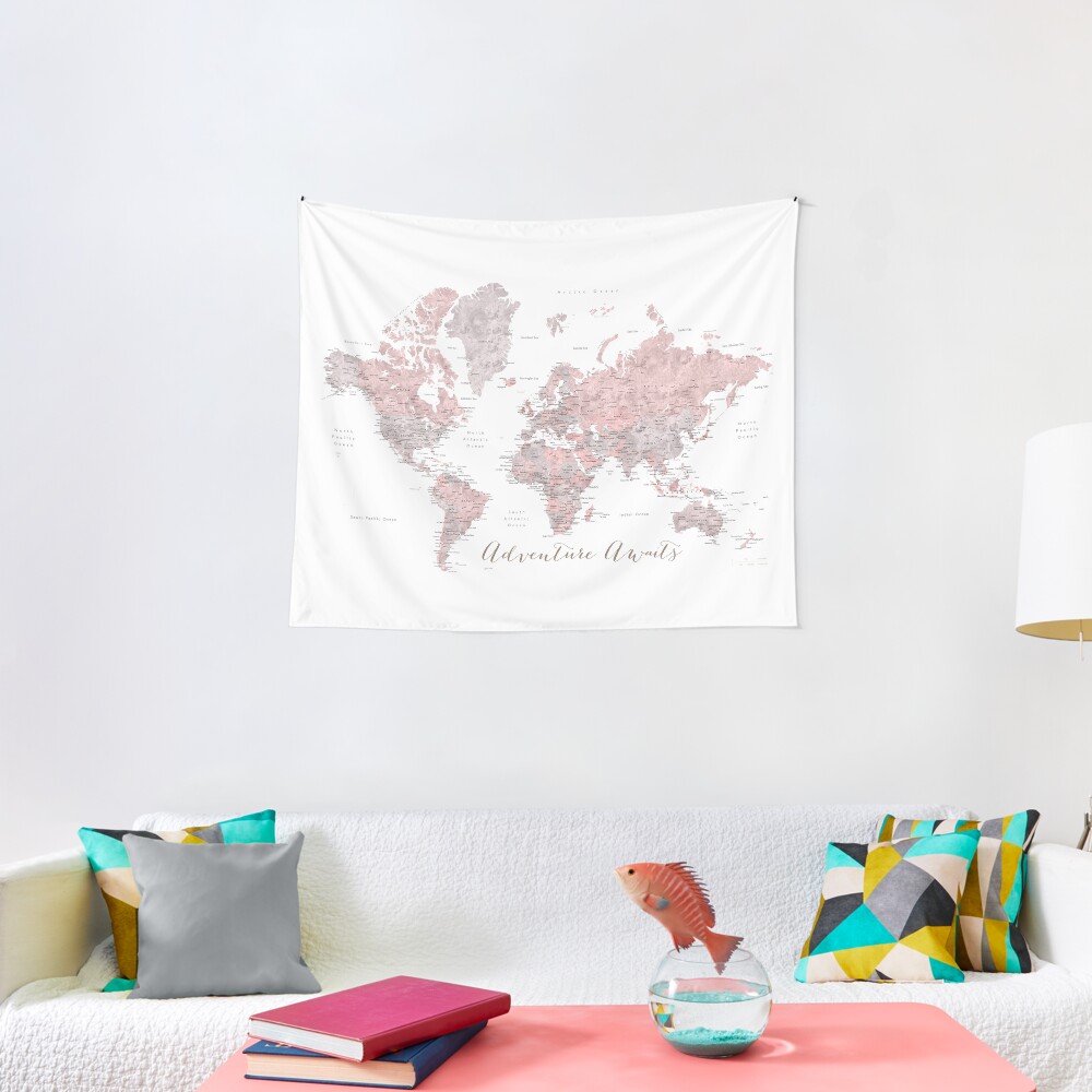 World map adventure awaits in dusty pink and grey Tapestry