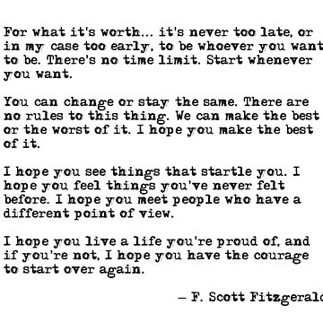 Artwork thumbnail, For what it's worth - F Scott Fitzgerald quote by peggieprints