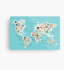 Cartoon animal world map for children Metal Print