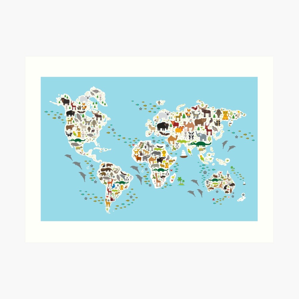 animal world map art print by ekaterinap redbubble