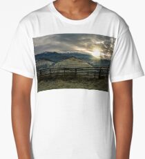 fence on hillside in late autumn gloomy sunrise Long T-Shirt