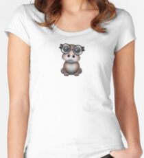 Nettes Nerdy Baby-Flusspferd-tragende Gläser auf Blau Tailliertes Rundhals-Shirt