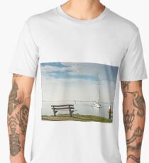 Scenic sea view with bench and sailboat Men's Premium T-Shirt